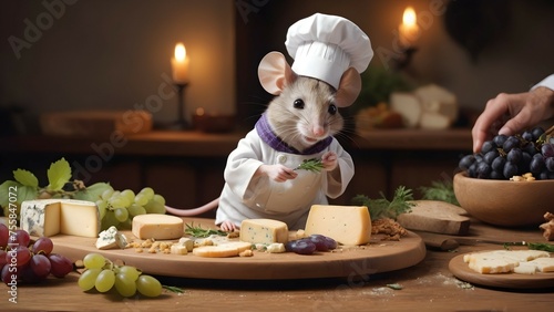 A heartwarming image of a mouse chef, placing the finishing touches on a plate of gourmet cheese platter, with a sprinkle of herbs and a garnish of grapes. © Zulfi_Art
