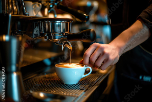 Professional barista using coffee machine making coffee in cafe AI Generation