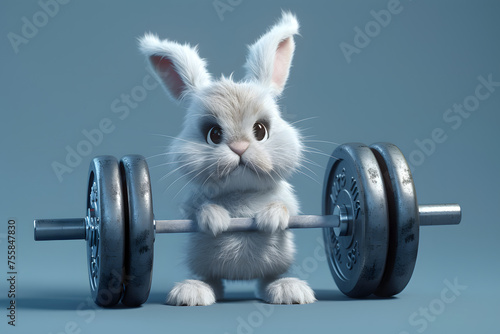 3D rabbit character lifting barbell on grey background. Conceptual illustration for motivation and fitness © UseeIvan