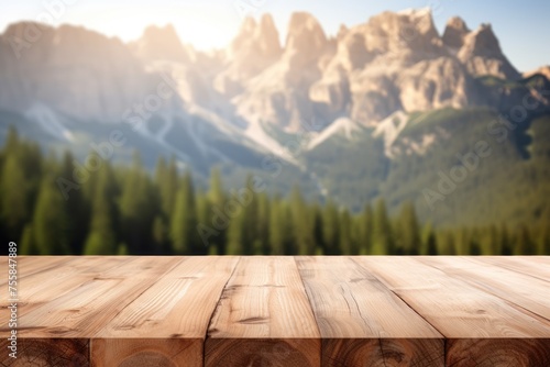 The empty wooden brown table top with blur background of dolomite mountain. Exuberant image. generative AI