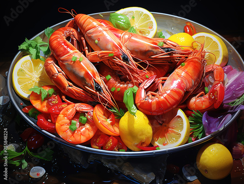 There are many shrimps in a bowl with some limes and other ingredients