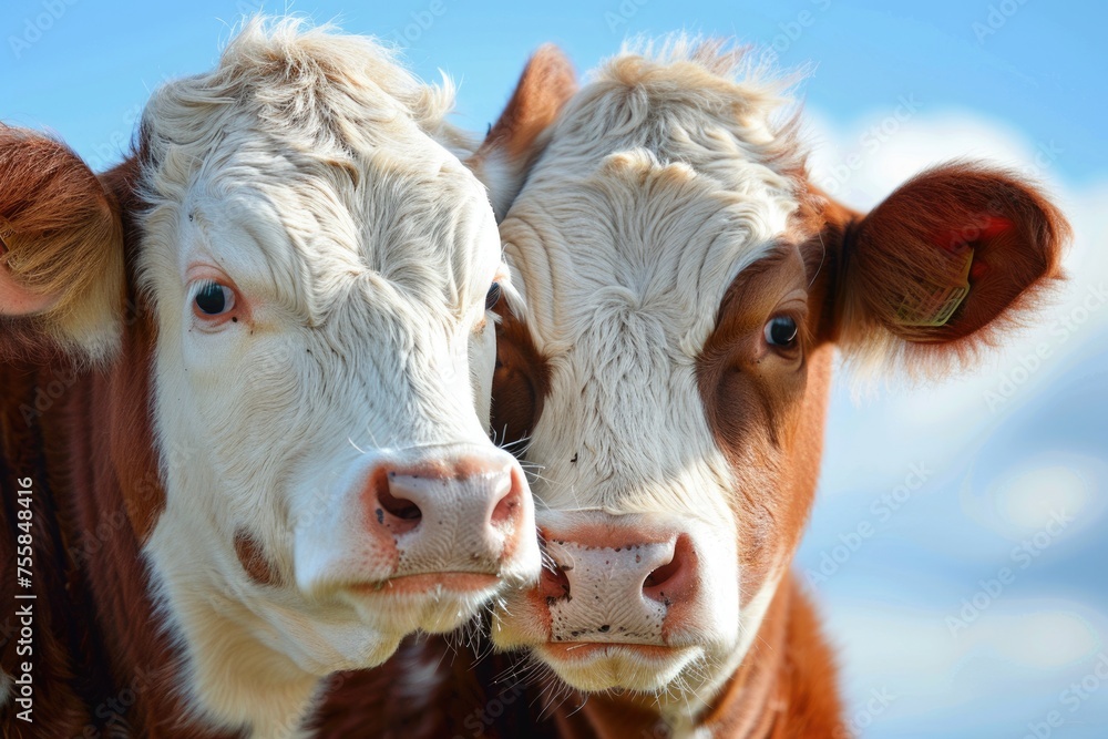 Lovely Portrait of Cute Cow Calves, Affectionately Together in the Beauty of Agriculture with Dreamy Eyes and a Blue Sky Background