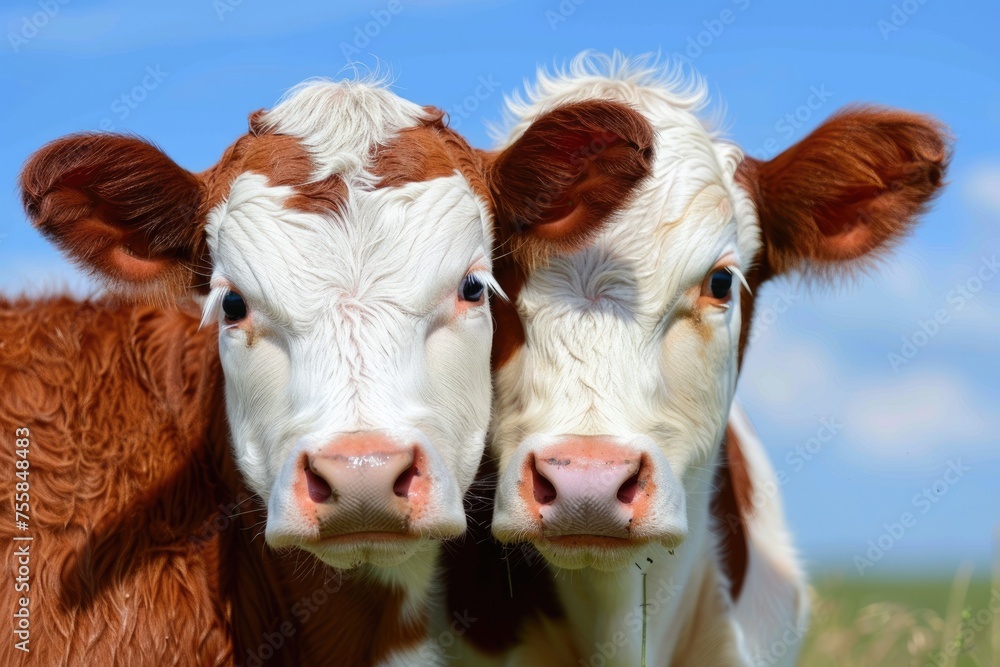 Lovely Portrait of Two Cute Calves: Affectionate Cows in Adorable Image with Blue Sky and Scenic Beauty as Agriculture and Animal Concept Lovely Portrait of Two Cute Calves: Affectionate Cows in Adorable Image with Blue Sky and Scenic Beauty as Agriculture and Animal Concept