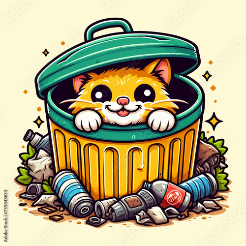 Cat looking out trash can vector illustration 