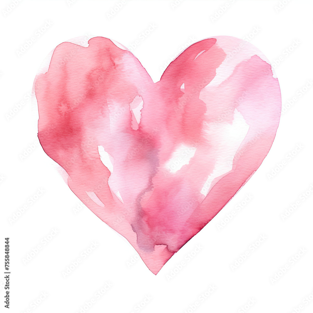 Pink Heart Painted in Watercolor on White Background