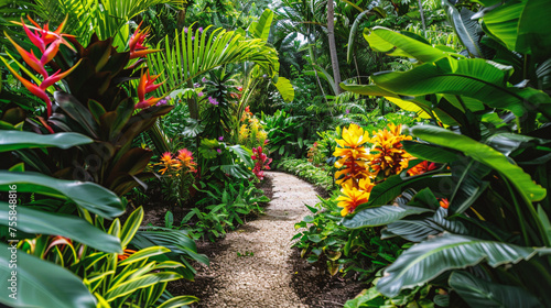 Beautiful tropical garden with blooming flowers and palm trees