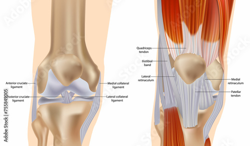 Knee anatomy including ligaments, cartilage and meniscus. Muscles and Tendons. Detailed Anatomy of the Knee Joint. photo