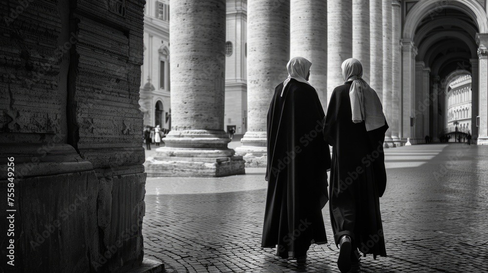 Naklejka premium Nuns: Women in Religious Clothes Walking in Beautiful City Centre of Capital