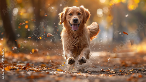Playful Golden Retriever Puppy Enjoying a Stroll in the Park: Cheerful Young Dog Frolicking Outdoors