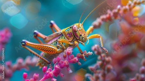 colorful Grasshopper Leaping - Action shot of a grasshopper, Vibrant Grasshopper Mid-Leap Amongst Flower Blossoms.  © HappyTime 17