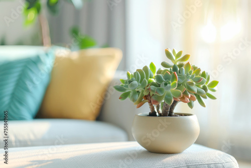 Beautiful Indoor Succulent. A succulent plant in a cream-colored pot decorates a bright living space, adding a touch of greenery and tranquility.
