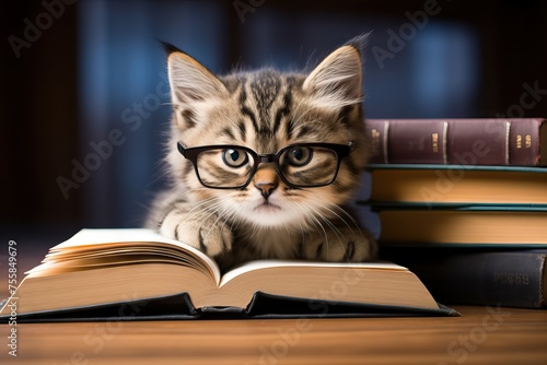 Clever funny cat in glasses reading book on blue background. World book day. Education and study, kitten student, exam preparation. Bestseller, bookstore creative concept 