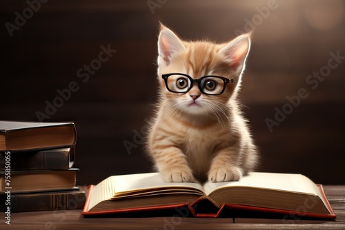 Clever funny ginger cat wearing glasses reading book in the library. World book day. Education and study, kitten student, exam preparation. Bestseller, bookstore creative concept 