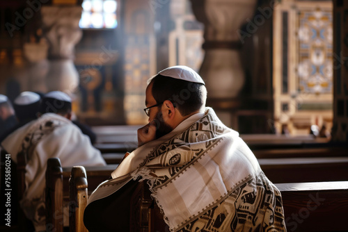Jewish men praying with tallit in a religious orthodox synagogue AI Generation photo
