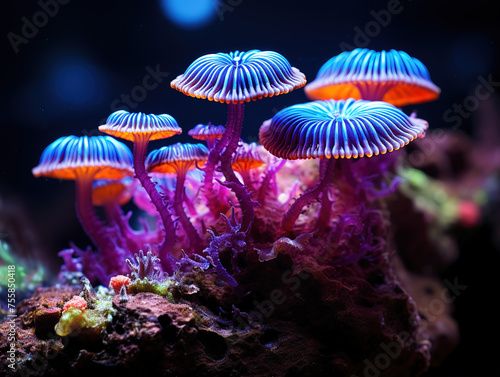 A close up of a bunch of mushrooms on a black background