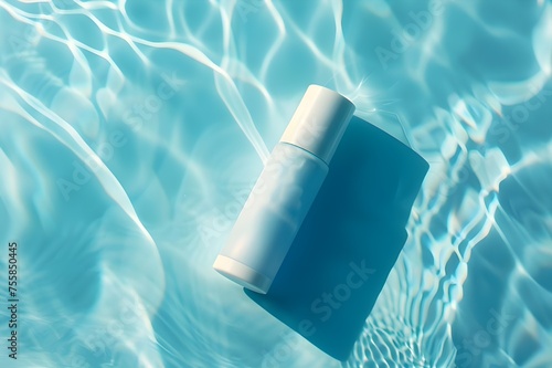 A white bottle of sunscreen floating on top of a pool of water.
