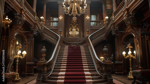 A Victorian-era staircase featuring ornate wood carvings  plush velvet carpeting  and a grand chandelier