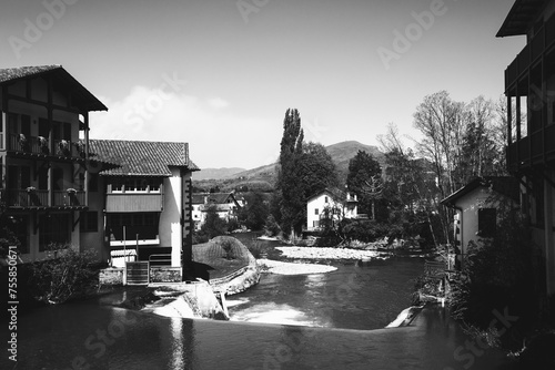 Picturesque view of Saint-Jean-Pied-de-Port in French Basque Country. Pyrenees-Atlantiques department in south-western France. Black white historic photo.