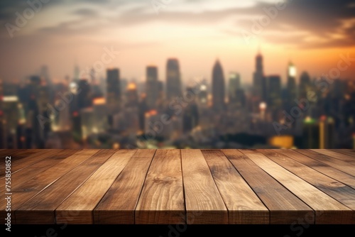 The empty wooden table top with blur background of cityscape. Exuberant image. generative AI