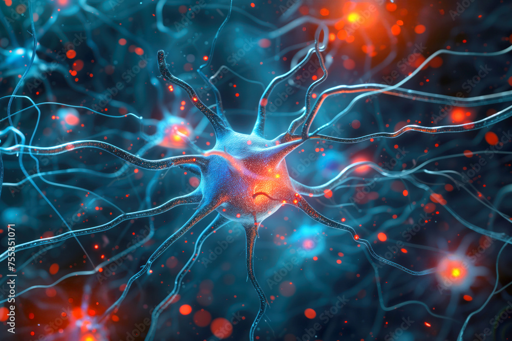 In neurology science lab, motor neuron is being viewed under microscope with nerve cells a nervous system Generative AI In neurology science lab, motor neuron is being viewed under microscope with nerve cells a nervous system Generative AI