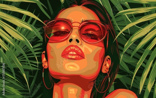 A Beautiful Women in a Sunglass with Tropical Plants