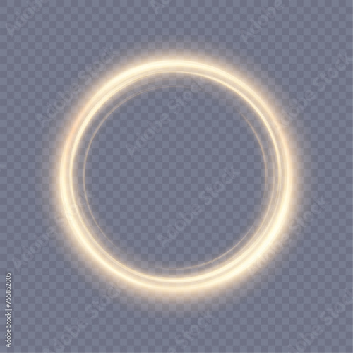 Abstract neon ring in a yellow-gold frame of light. A bright trail of luminous rays swirling in a rapid spiral motion. Light golden swirl. Light effect. Vector
