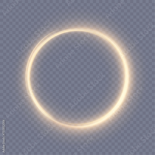 Abstract neon ring in a yellow-gold frame of light. A bright trail of luminous rays swirling in a rapid spiral motion. Light golden swirl. Light effect. Vector