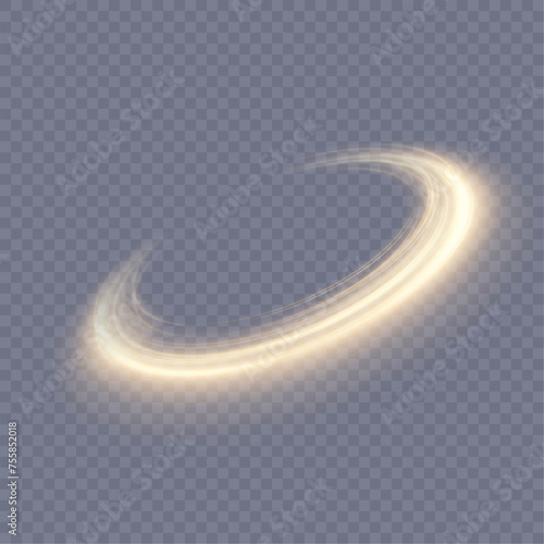 Abstract neon ring in a yellow-gold frame of light. A bright trail of luminous rays swirling in a rapid spiral motion. Light golden swirl. Light effect. Vector