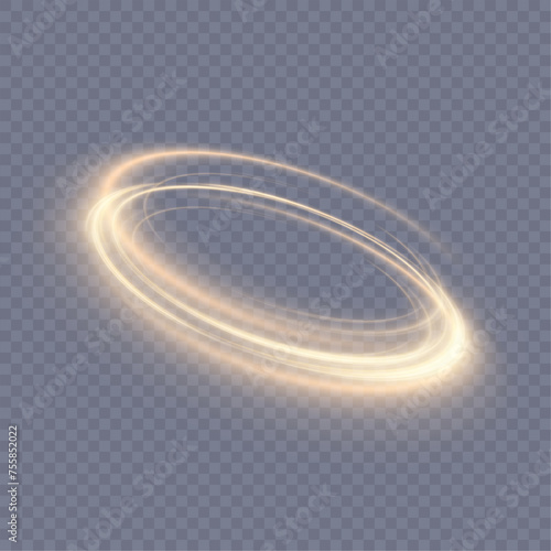 Abstract neon ring in a yellow-gold frame of light. A bright trail of luminous rays swirling in a rapid spiral motion. Light golden swirl. Light effect. Vector