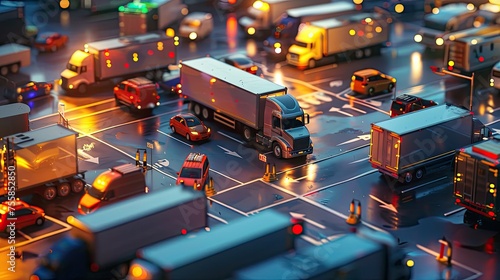 commercial fleet-semi trucks and delivery vans neatly parked in rows, illustrating the efficiency of a well-managed supply chain