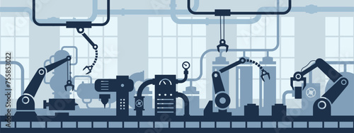 Industrial factory interior. Industry 4.0 assembly line, conveyor belt with robotic arms and machinery vector seamless background illustration