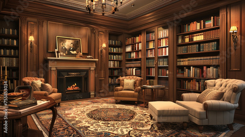 Creating a cozy, caramel brown and cream-colored reading nook with built-in bookshelves and plush armchairs.