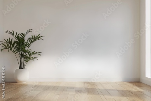 Minimalist Empty Room with Potted Plant and Wood Floor for Mock Up