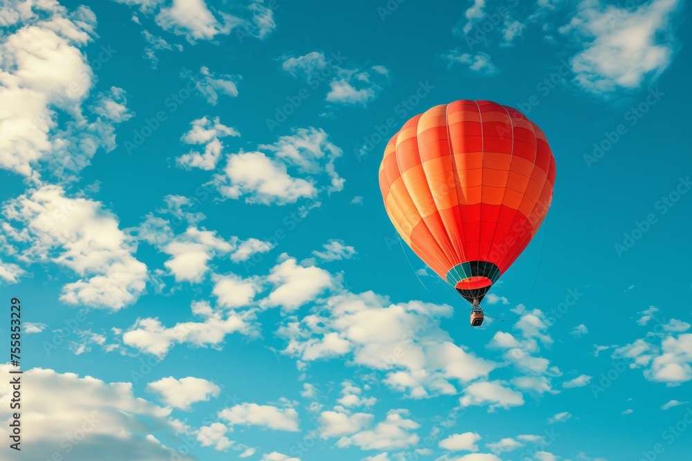 A hot air balloon is flying high in the sky above a blue and cloudy sky A hot air balloon is flying high in the sky above a blue and cloudy sky