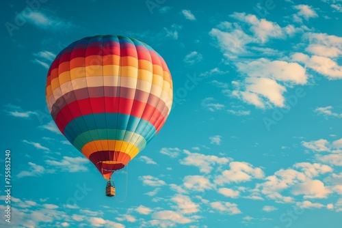 A colorful hot air balloon is floating in the sky