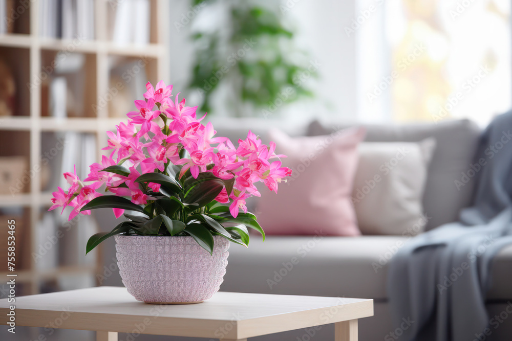 Vibrant Pink Orchids in a Cozy Living Room. Bright pink orchids in a textured pot create a striking centerpiece on a table, enhancing the cozy and stylish ambiance of a modern living room. Vibrant Pink Orchids in a Cozy Living Room. Bright pink orchids in a textured pot create a striking centerpiece on a table, enhancing the cozy and stylish ambiance of a modern living room.