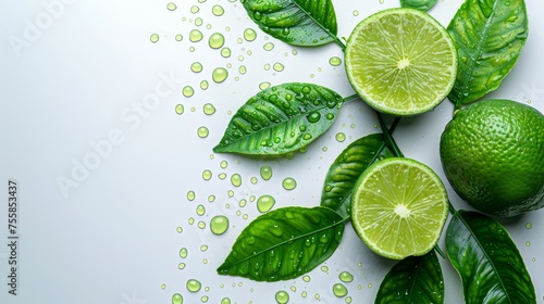 Fresh limes with water droplets on white background. Vibrant green citrus fruits for healthy lifestyle. Juicy limes and leaves with refreshing drops top view.