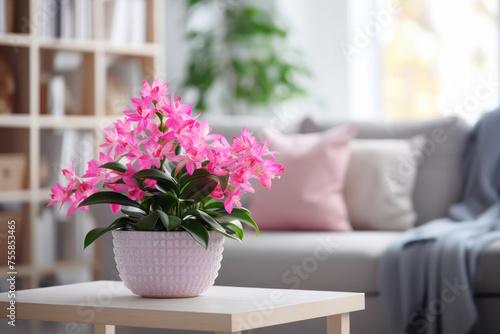 Vibrant Pink Orchids in a Cozy Living Room. Bright pink orchids in a textured pot create a striking centerpiece on a table, enhancing the cozy and stylish ambiance of a modern living room.