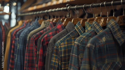 Mens plaid shirts on hangers in a retail store. generative ai