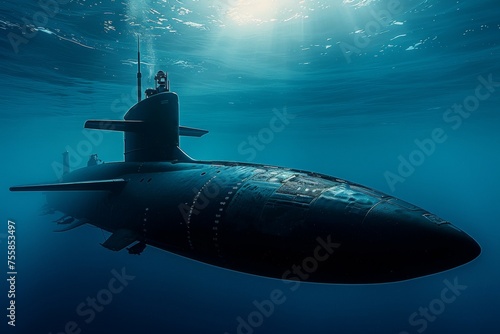 A submarine is in the water, with the sun shining on it