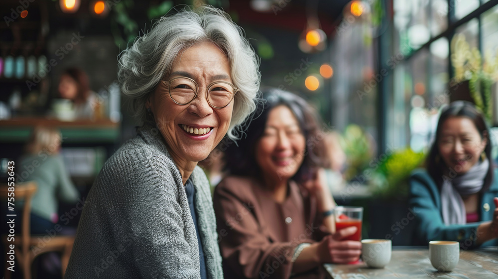 Happy senior asian woman sitting in restaurants, asian senior lifestyle
