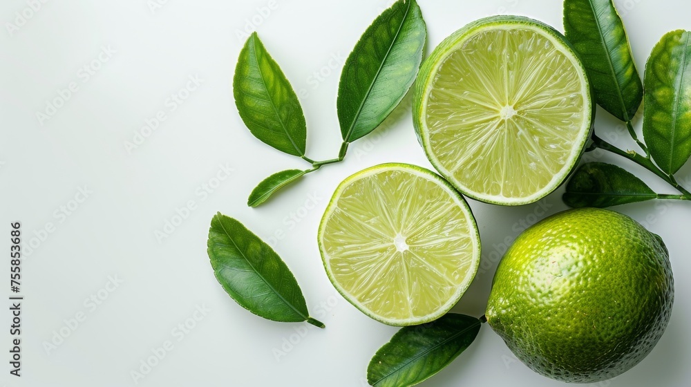 Neatly arranged limes and leaves on white background for clean composition. Fresh green citrus fruits with leaves in a clean setup. Organic limes and foliage with a minimalistic white backdrop.