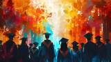 Celebratory Group Painting of Graduates in Bright Colors and Gowns