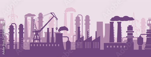Industrial factory exterior. Manufacturing infrastructure skyline silhouette, production facilities and panoramic industrial area seamless vector landscape background illustration