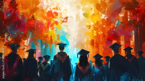 Celebratory Group Painting of Graduates in Bright Colors and Gowns