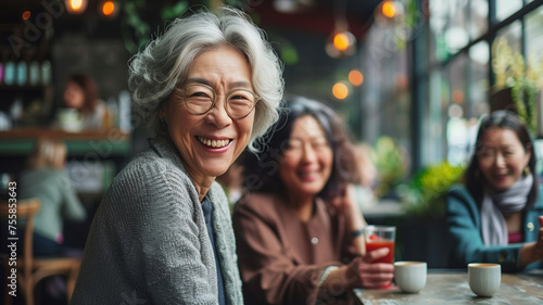 Happy senior asian woman sitting in restaurants, asian senior lifestyle photo