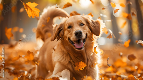 Happy golden retriever dog on Autumn nature background, generative ai