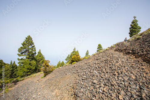 A young woman walking towards Birigoyo peak, La Palma Island, Canary Islands. photo