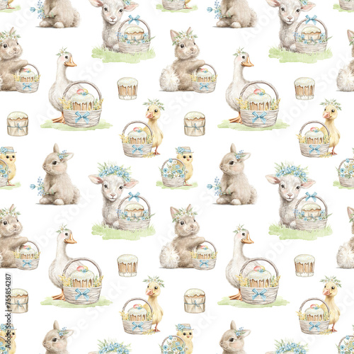Fototapeta Naklejka Na Ścianę i Meble -  Seamless pattern with vintage rabbits, goose, lamb, chicken, gosling animals and Easter baskets with eggs and cakes isolated on white background. Watercolor hand drawn illustration sketch