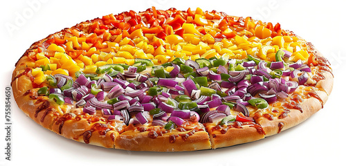 A vibrant vegetarian pizza with a rainbow of bell peppers, purple onions